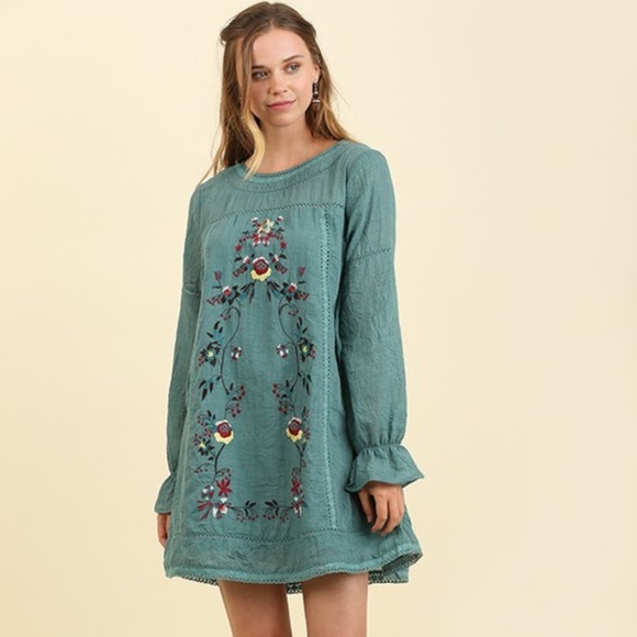 Umgee Forest Boho Floral Embroidered Flared Dress - Picture 5 of 6